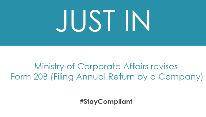 Ministry of Corporate Affairs revises Form 20B (Filing Annual Return by a Company)