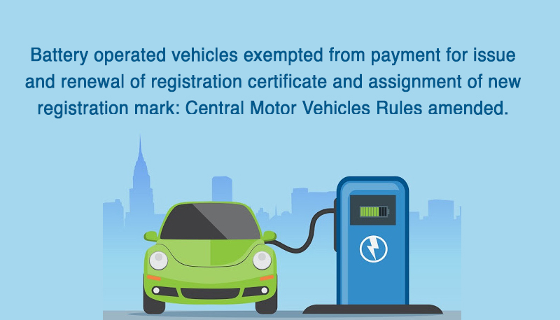 Battery operated vehicles exempted from payment for issue and renewal of registration certificate and assignment of new registration mark; Central Motor Vehicles Rules amended