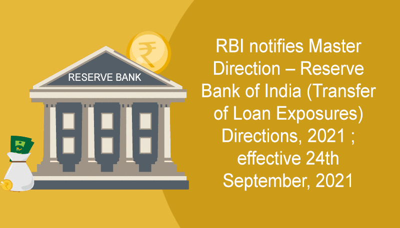RBI notifies Master Direction – Reserve Bank of India (Transfer of Loan Exposures) Directions, 2021 ; effective 24th September, 2021
