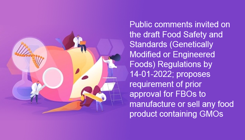 Public comments invited on the draft Food Safety and Standards (Genetically Modified or Engineered Foods) Regulations by 14-01-2022; proposes requirement of prior approval for FBOs to manufacture or sell any food product containing GMOs