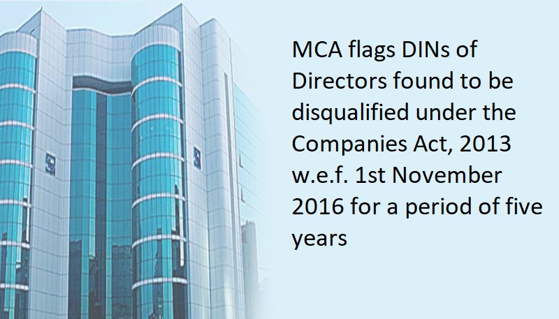 MCA flags DINs of Directors found to be disqualified under the Companies Act, 2013 w.e.f. 1st November 2016 for a period of five years
