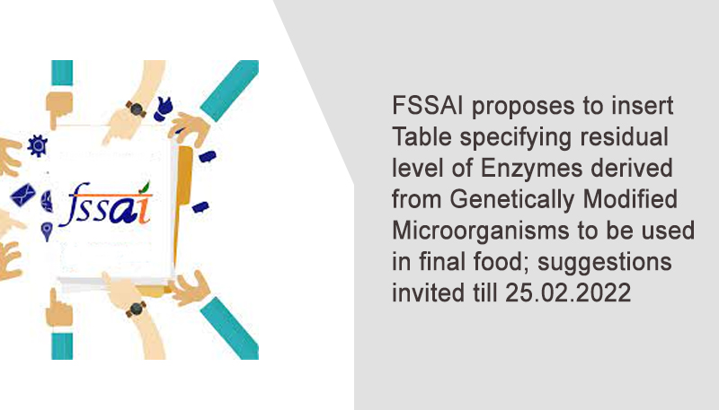 FSSAI proposes to insert Table specifying residual level of Enzymes derived from Genetically Modified Microorganisms to be used in final food; suggestions invited till 25.02.2022