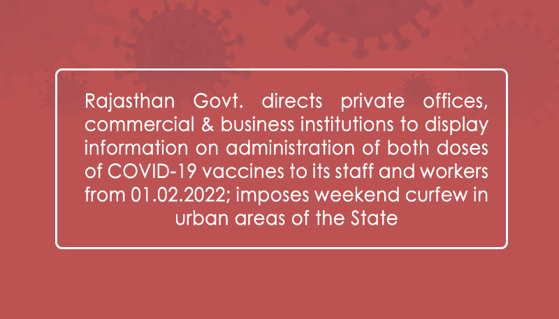 Rajasthan Govt. directs private offices, commercial & business institutions to display information on administration of both doses of COVID-19 vaccines to its staff and workers from 01.02.2022; imposes weekend curfew in urban areas of the State