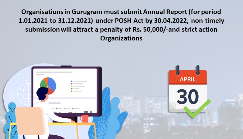 Organisations in Gurugram must submit Annual Report (for period 1.01.2021 to 31.12.2021) under POSH Act by 30.04.2022, non-timely submission will attract penalty of Rs. 50,000/-and strict action