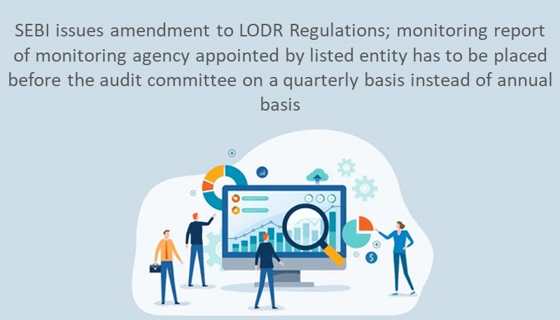 SEBI issues amendment to LODR Regulations; monitoring report of monitoring agency appointed by listed entity has to be placed before the audit committee on a quarterly basis instead of annual basis