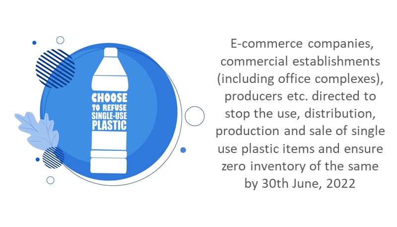 E-commerce companies, commercial establishments (including office complexes), producers etc. directed to stop the use, distribution, production and sale of single use plastic items and ensure zero inventory of the same by 30th June, 2022