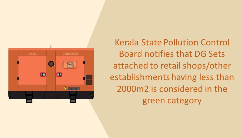 Kerala State Pollution Control Board notifies that DG Sets attached to retail shops/other establishments having less than 2000m2 is considered in the green category