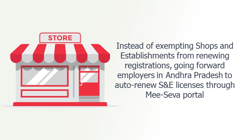 Instead of exempting Shops and Establishments from renewing registrations, going forward employers in Andhra Pradesh to auto-renew S&E licenses through Mee-Seva portal