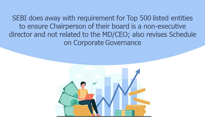 SEBI does away with requirement for Top 500 listed entities to ensure Chairperson of their board is a non-executive director and not related to the MD/CEO; also revises Schedule on Corporate Governance