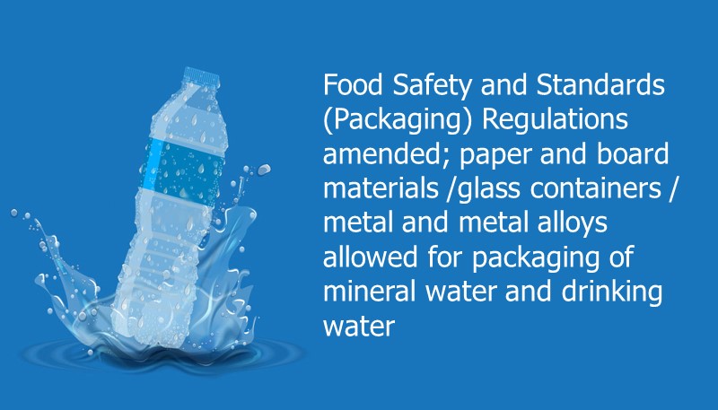 Food Safety and Standards (Packaging) Regulations amended; paper and board materials /glass containers / metal and metal alloys allowed for packaging of mineral water and drinking water