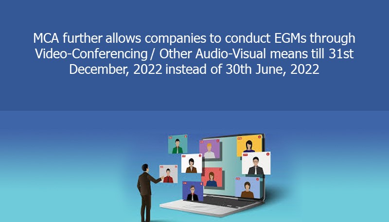 MCA further allows companies to conduct EGMs through Video-Conferencing / Other Audio-Visual means till 31st December, 2022 instead of 30th June, 2022