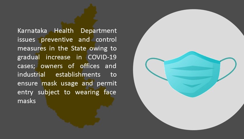Karnataka Health Department issues preventive and control measures in the State owing to gradual increase in COVID-19 cases; owners of offices and industrial establishments to ensure mask usage and permit entry subject to wearing face masks