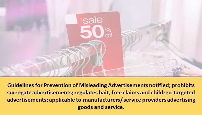 Guidelines for Prevention of Misleading Advertisements notified; prohibits surrogate advertisements; regulates bait, free claims and children-targeted advertisements; applicable to manufacturers/ service providers advertising goods and service