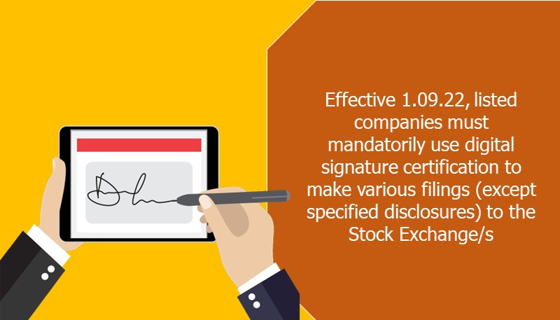Effective 1.09.22, listed companies must mandatorily use digital signature certification to make various filings (except specified disclosures) to the Stock Exchange/s