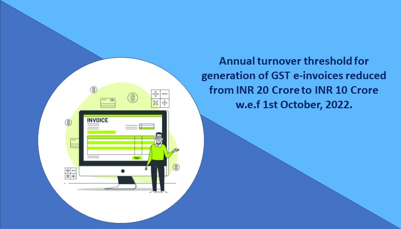 Annual turnover threshold for generation of GST e-invoices reduced from INR 20 Crore to INR 10 Crore