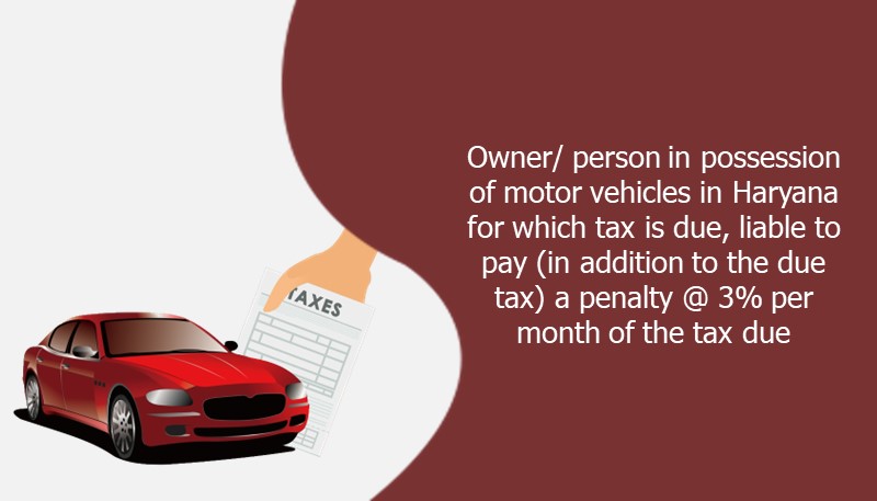 Owner/ person in possession of motor vehicles in Haryana for which tax is due, liable to pay (in addition to the due tax) a penalty @ 3% per month of the tax due