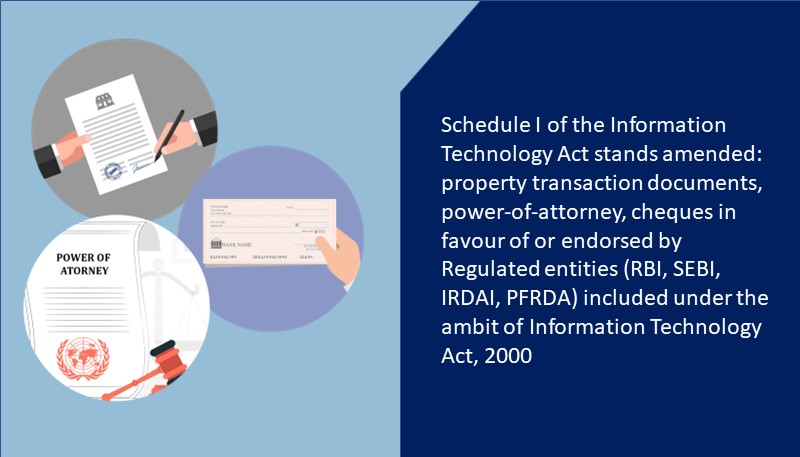 Schedule I of the Information Technology Act stands amended: property transaction documents, power-of-attorney, cheques in favour of or endorsed by Regulated entities (RBI, SEBI, IRDAI, PFRDA) included under the ambit of Information Technology Act, 2000