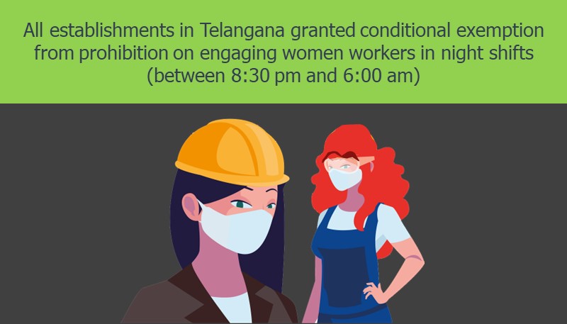 All establishments in Telangana granted conditional exemption from prohibition on engaging women workers in night shifts (between 8:30 pm and 6:00 am)