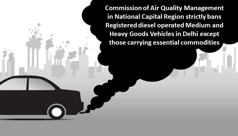 Commission of Air Quality Management in National Capital Region strictly bans Registered diesel operated Medium and Heavy Goods Vehicles in Delhi except those carrying essential commodities