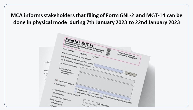 MCA informs stakeholders that filing of Form GNL-2 and MGT-14 can be done in physical mode  during 7th January 2023 to 22nd January 2023