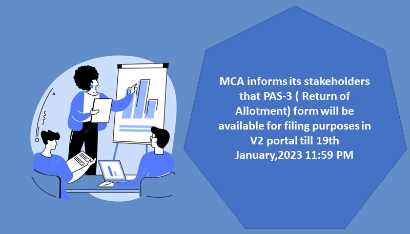 MCA informs its stakeholders that PAS-3 ( Return of Allotment) form will be available for filing purposes in V2 portal till 19th January,2023 11:59 PM