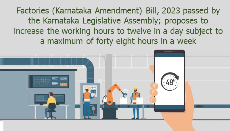 Factories (Karnataka Amendment) Bill, 2023 passed by the Karnataka Legislative Assembly; proposes to increase the working hours to twelve in a day subject to a maximum of forty eight hours in a week