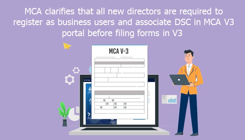 MCA clarifies that all new directors are required to register as business users and associate DSC in MCA V3 portal before filing forms in V3