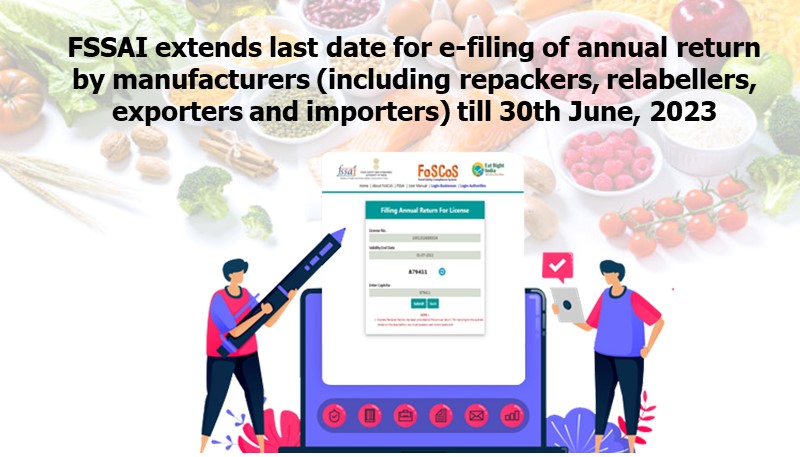 FSSAI extends last date for e-filing of annual return by manufacturers (including repackers, relabellers, exporters and importers) till 30th June, 2023