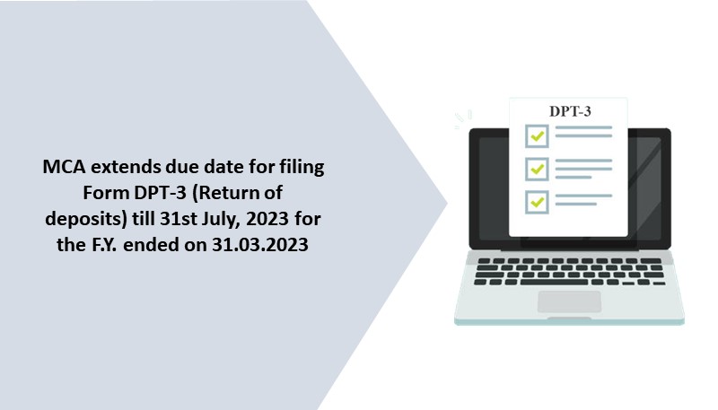 MCA extends due date for filing Form DPT-3 (Return of deposits) till 31st July, 2023 for the F.Y. ended on 31.03.2023