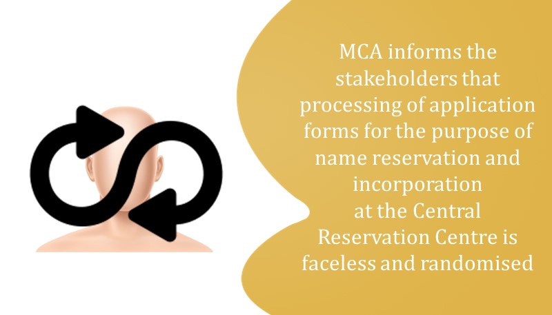 MCA informs the stakeholders that processing of application forms for the purpose of name reservation and incorporation at the Central Reservation Centre is faceless and randomised