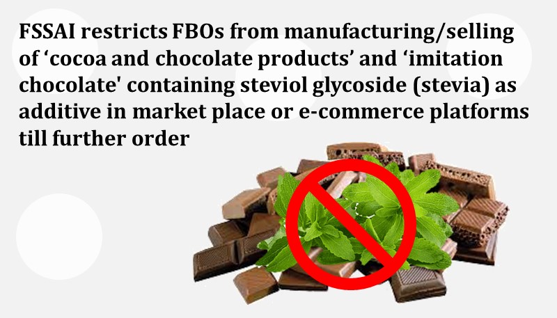 FSSAI restricts FBOs from manufacturing/selling of ‘cocoa and chocolate products’ and ‘imitation chocolate’ containing steviol glycoside (stevia) as additive in market place or e-commerce platforms till further order
