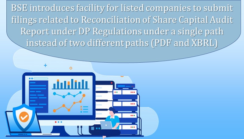 BSE introduces facility for listed companies to submit filings related to Reconciliation of Share Capital Audit Report under DP Regulations under a single path instead of two different paths (PDF and XBRL)