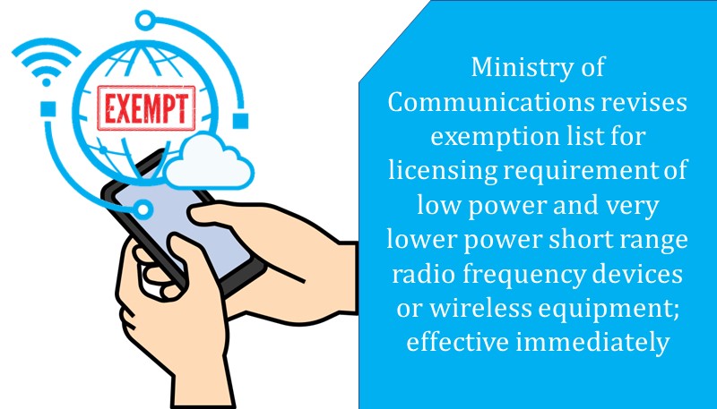 Ministry of Communications revises exemption list for licensing requirement of low power and very lower power short range radio frequency devices or wireless equipment