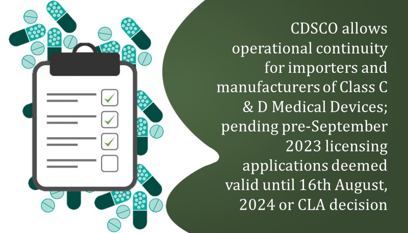 CDSCO allows operational continuity for importers and manufacturers of Class C & D Medical Devices; pending pre-September 2023 licensing applications deemed valid until 16th August, 2024 or CLA decision