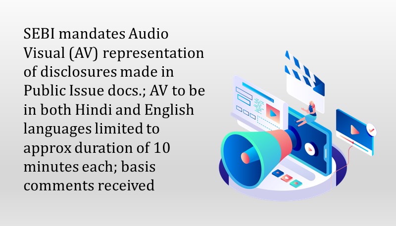 SEBI mandates Audio Visual (AV) representation of disclosures made in Public Issue docs.; AV to be in both Hindi and English languages limited to approx duration of 10 minutes each; basis comments received