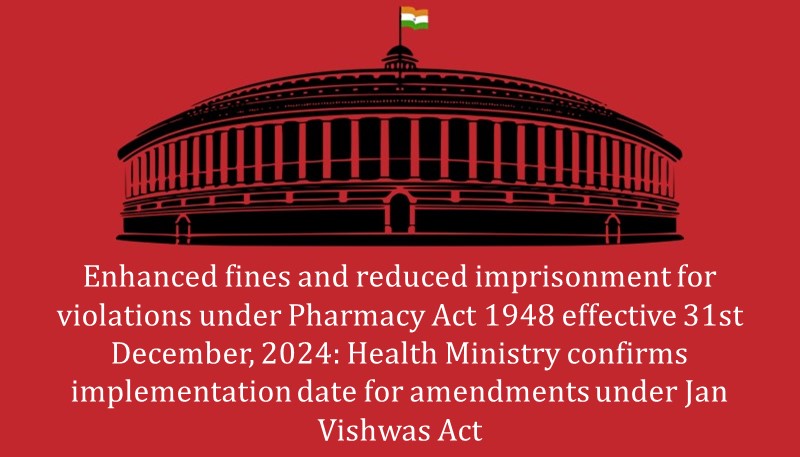 Enhanced fines and reduced imprisonment for violations under Pharmacy Act 1948 effective 31st December, 2024: Health Ministry confirms implementation date for amendments under Jan Vishwas Act