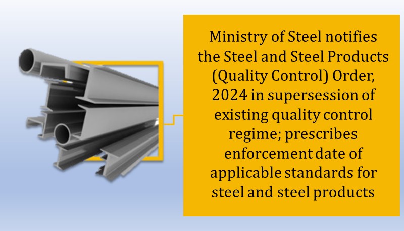 Ministry of Steel notifies the Steel and Steel Products (Quality Control) Order, 2024 in supersession of existing quality control regime; prescribes enforcement date of applicable standards for steel and steel products