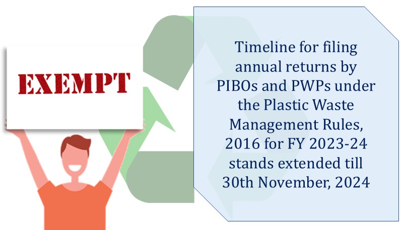 Timeline for filing annual returns by PIBOs and PWPs under the Plastic Waste Management Rules, 2016 for FY 2023-24 stands extended till 30th November, 2024