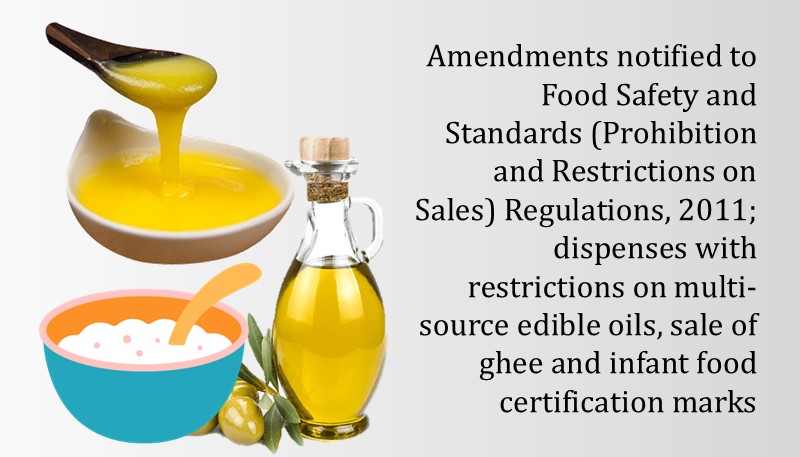 Amendments notified to Food Safety and Standards (Prohibition and Restrictions on Sales) Regulations, 2011; dispenses with restrictions on multi-source edible oils, sale of ghee and infant food certification marks