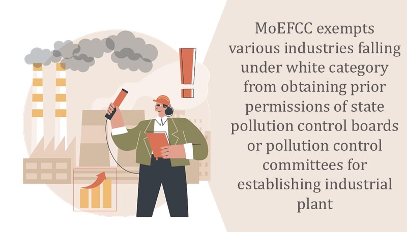 MoEFCC exempts various industries falling under white category from obtaining prior permissions of state pollution control boards or pollution control committees for establishing industrial plant