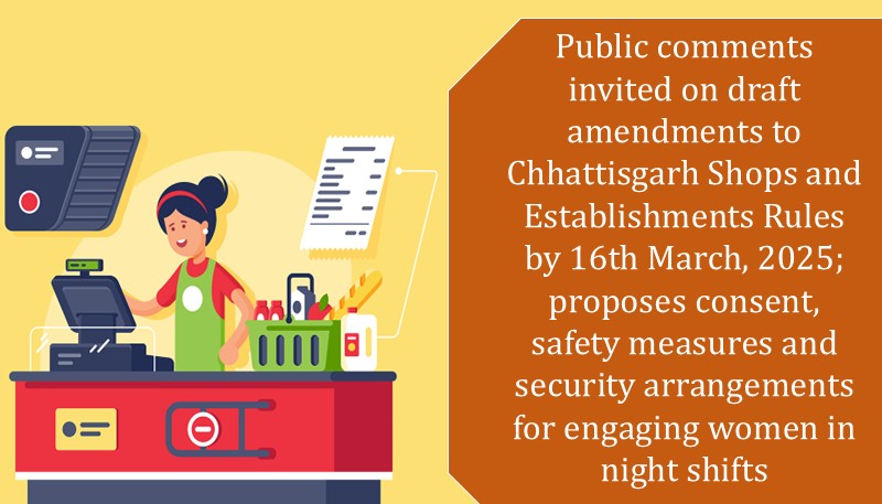 Public comments invited on draft amendments to Chhattisgarh Shops and Establishments Rules by 16th March, 2025; proposes consent, safety measures and security arrangements for engaging women in night shifts