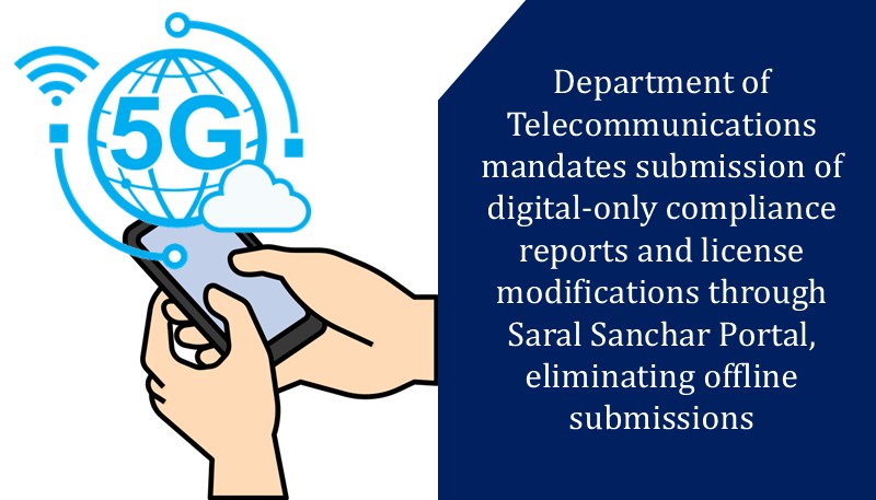 Department of Telecommunications mandates submission of digital-only compliance reports and license modifications through Saral Sanchar Portal, eliminating offline submissions