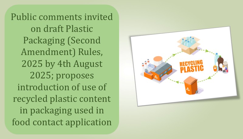 Public comments invited on draft Plastic Packaging (Second Amendment) Rules, 2025 by 4th August 2025; proposes introduction of use of recycled plastic content in packaging used in food contact application