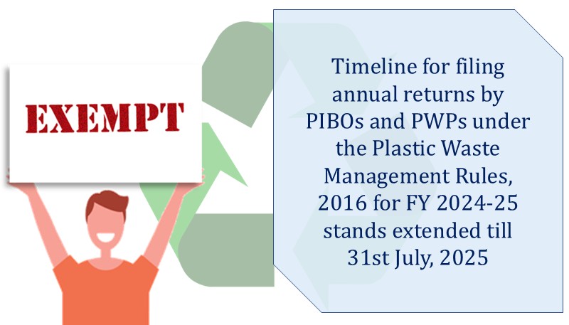 Timeline for filing annual returns by PIBOs and PWPs under the Plastic Waste Management Rules, 2016 for FY 2024-25 stands extended till 31st July, 2025