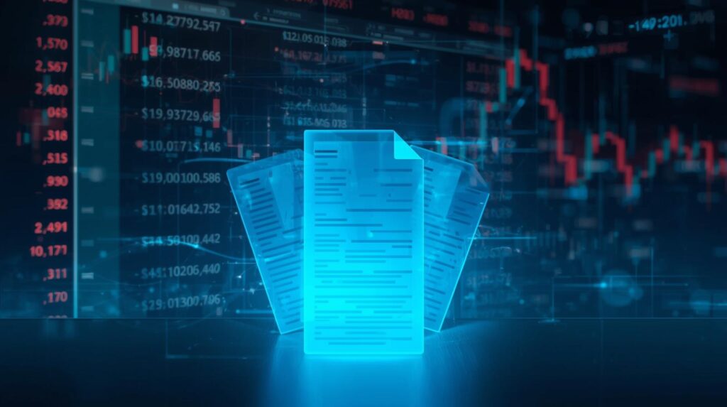 Financial transactions in the background with blue transparent mask in front making sure that the background image is visible. Three documents merging into one in the front. to demont the consolidation of Securities Markets Code 2025