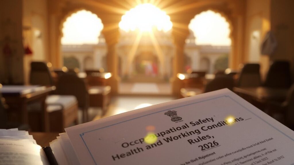 An image of Rajasthan Court with half focused on Draft Draft Rajasthan Occupational Safety, Health and Working Conditions Rules