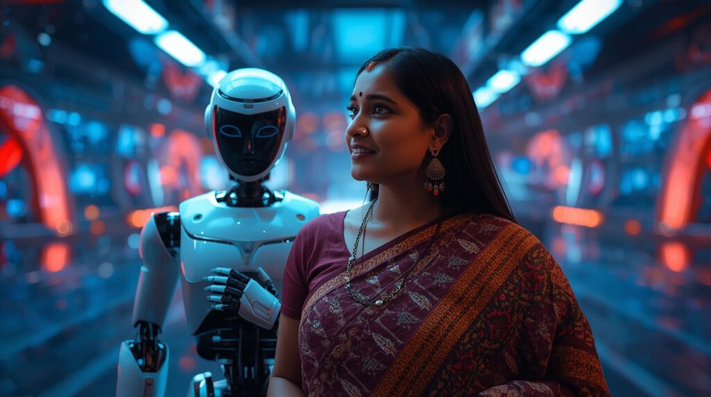 A woman is standing talking, but behind her, AI robot is doing the same thing, reflecting that the person infront is actually an AI. The image Background would represent techno