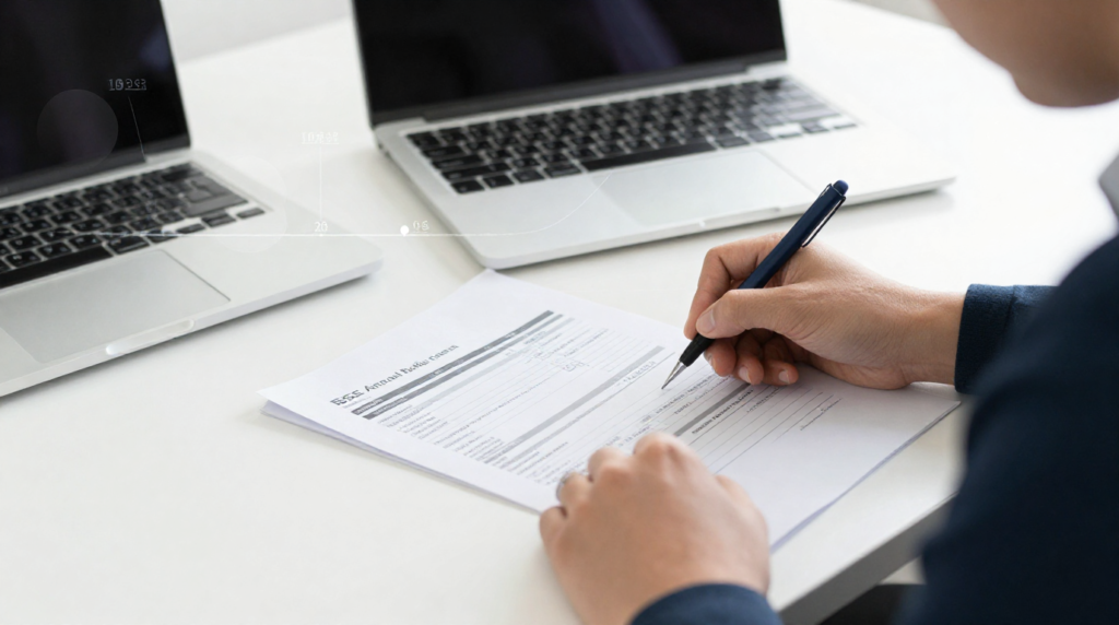 A person without face sitting at desk filling out BSE annual report documents, hands writing on paperwork, professional office setting with laptop and documents, subtle semi-transparent timeline overlay (1)