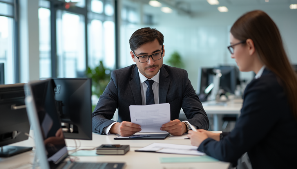 Professional workplace scene showing compliance inspection, office environment with inspection checklist being reviewed, corporate professional setting, clean and authoritative visual, no text or words