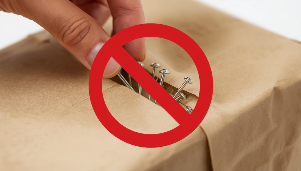 Professional regulatory compliance visual showing food packaging with metallic staples or pins being removed or prohibited, clean corporate style, food safety theme, no text, suitable for regulatory advisor